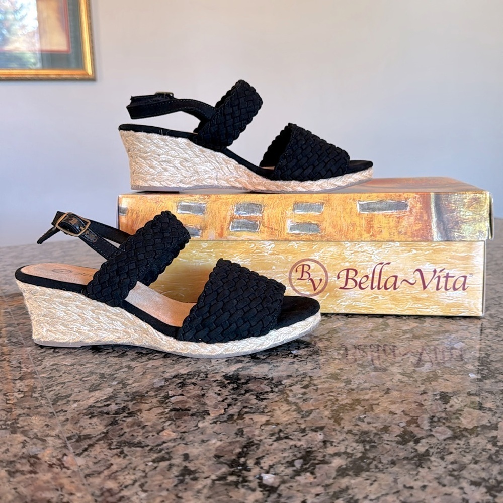 Bella Vita Mariela black suede espadrilles 2” wedge sandal NIB 6.5